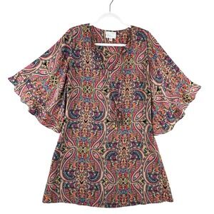 Atina Cristina Paisley‎ Print V Neck Flutter Sleeve Mini Dress Women Size Small